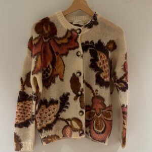 Sézane Cream Cardigan with Rust, Brown and Pink Floral Motif